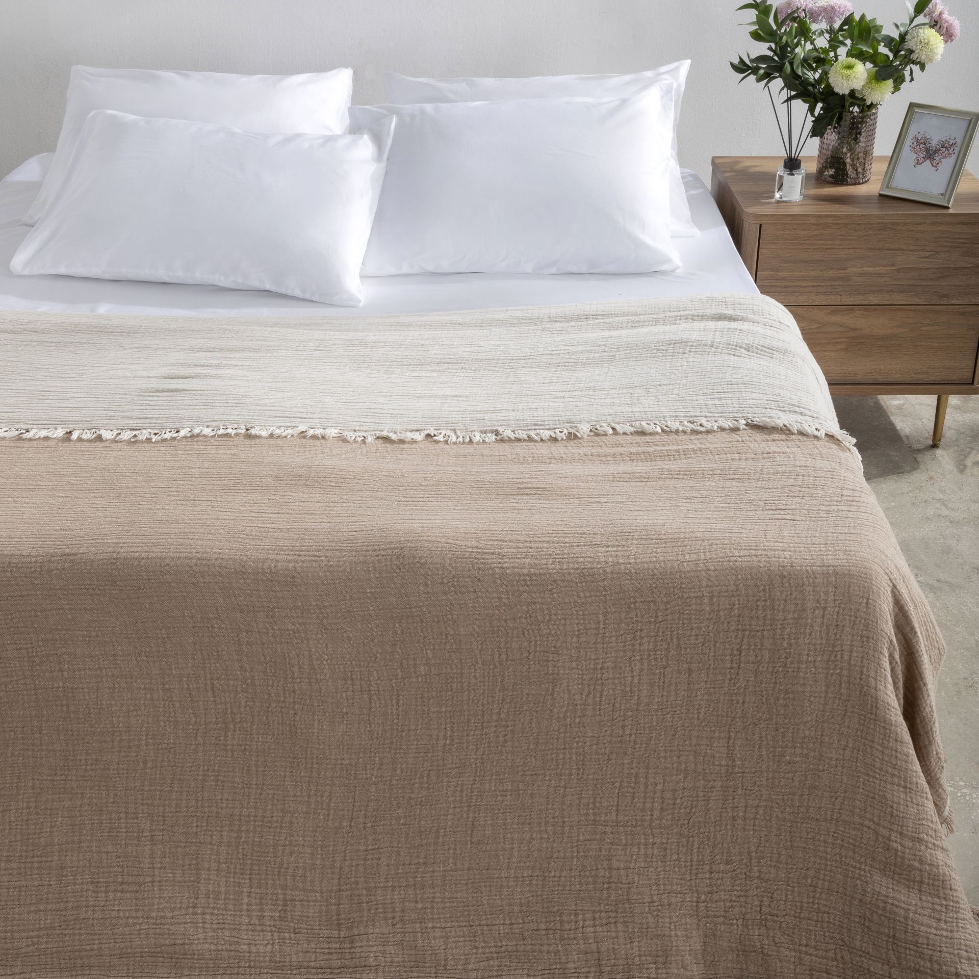 Kombin Müslin Pike Takımı – Açık Kahve / Beyaz