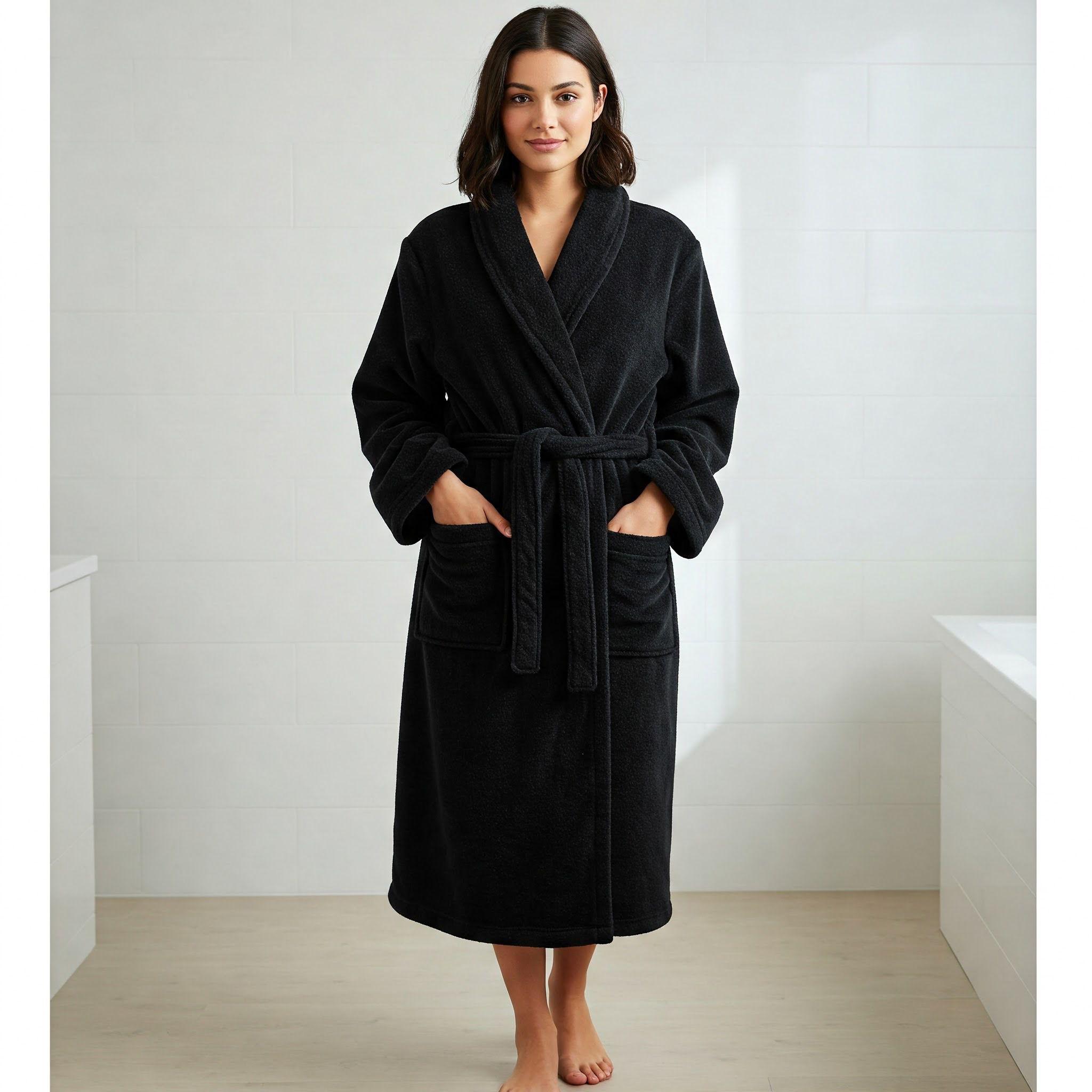 Unisex Kadife Havlu Bornoz - Siyah