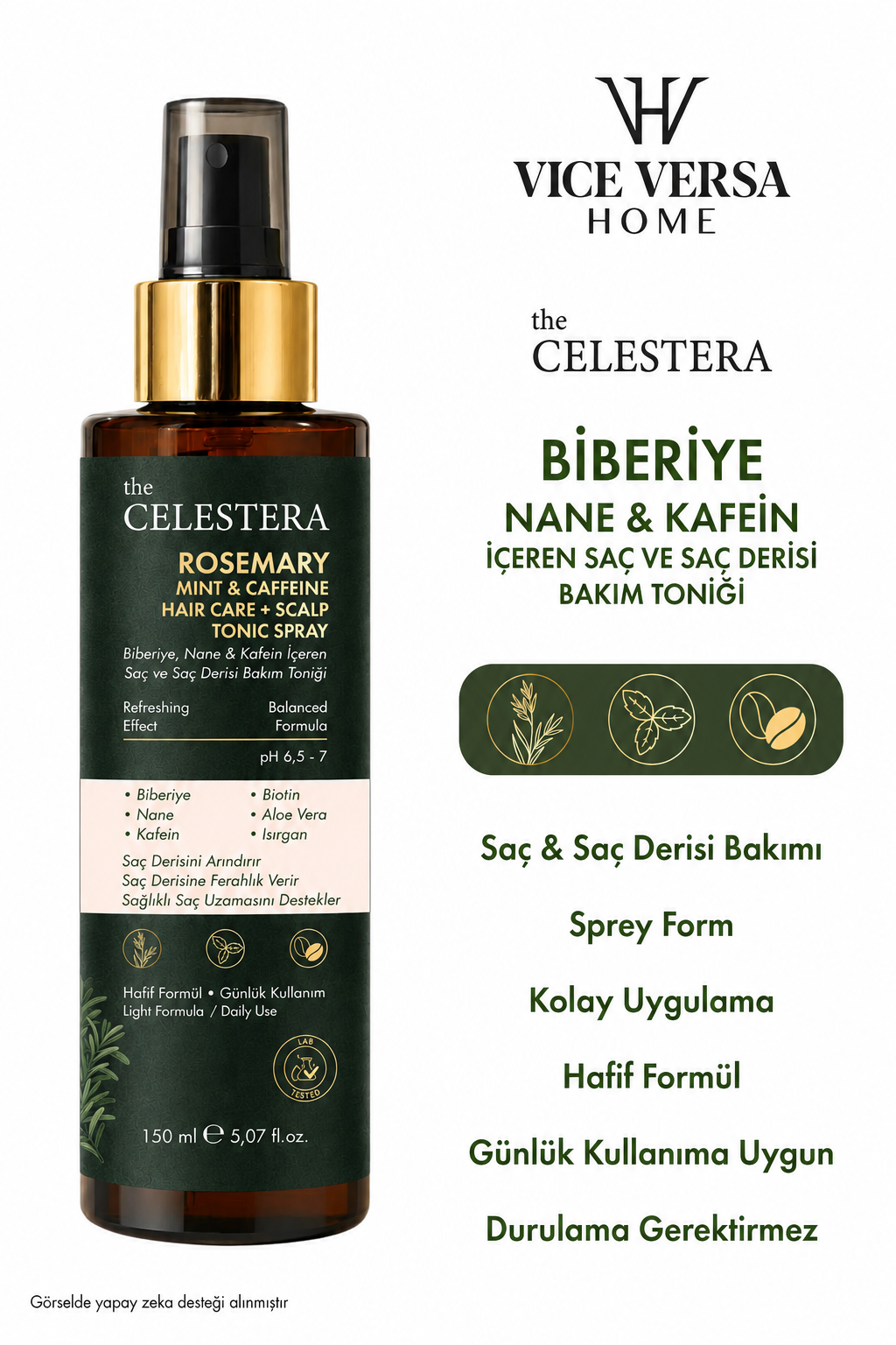 The Celestera Biberiye Nane & Kafein İçeren Saç ve Saç Derisi Bakım Toniği 150 ml