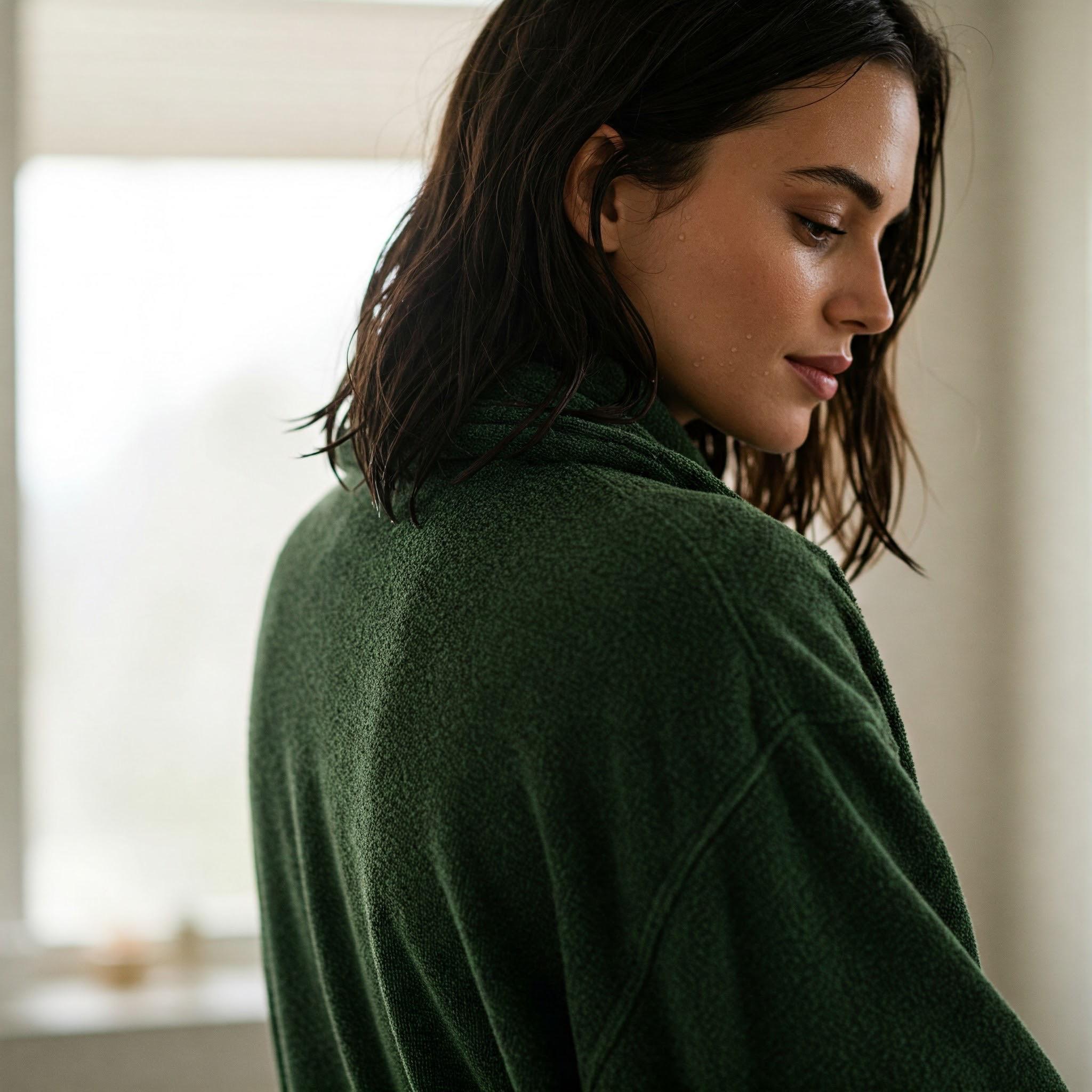 Unisex Kadife Havlu Bornoz - Koyu Yeşil