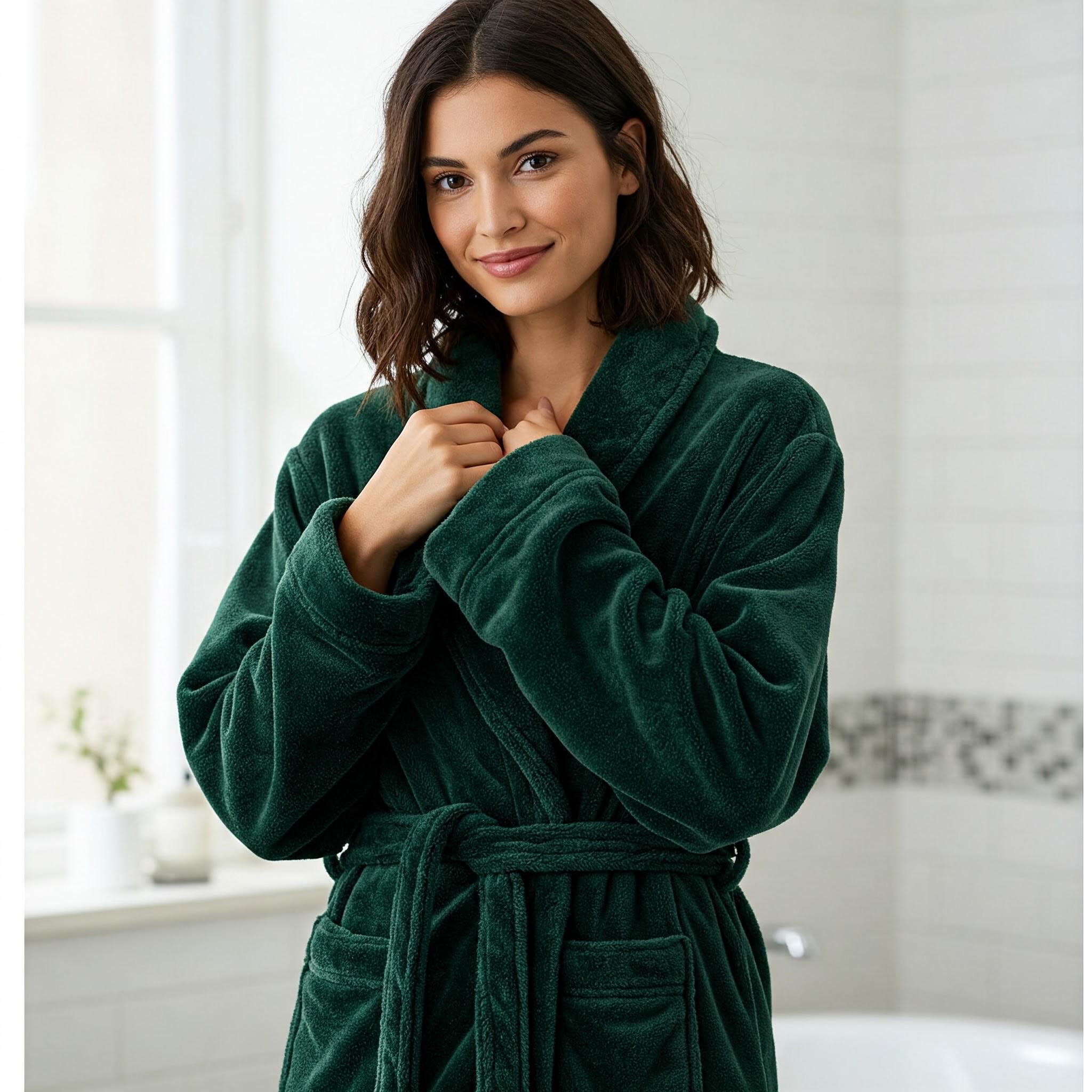 Unisex Kadife Havlu Bornoz - Koyu Yeşil