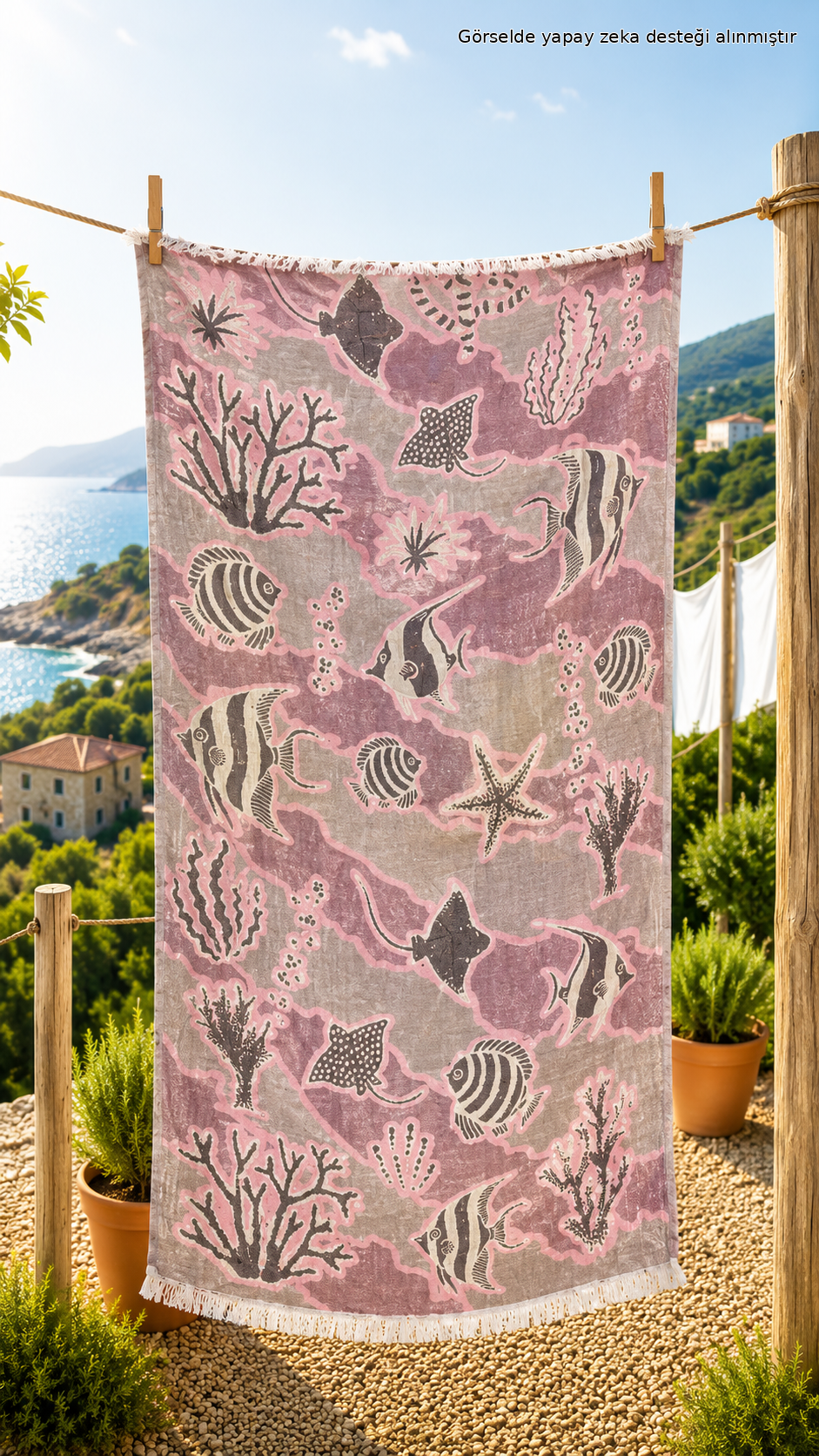 Deniz Altı Balık Desenli Jakarlı Müslin Peştemal - Pembe & Vizon Gri