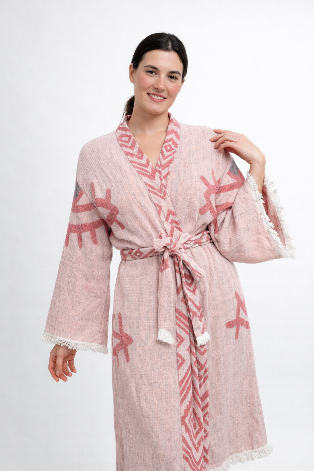 Somon - Siyah Göz Desenli Kimono Yaka Müslin Bornoz & Sabahlık | Ev & Plaj