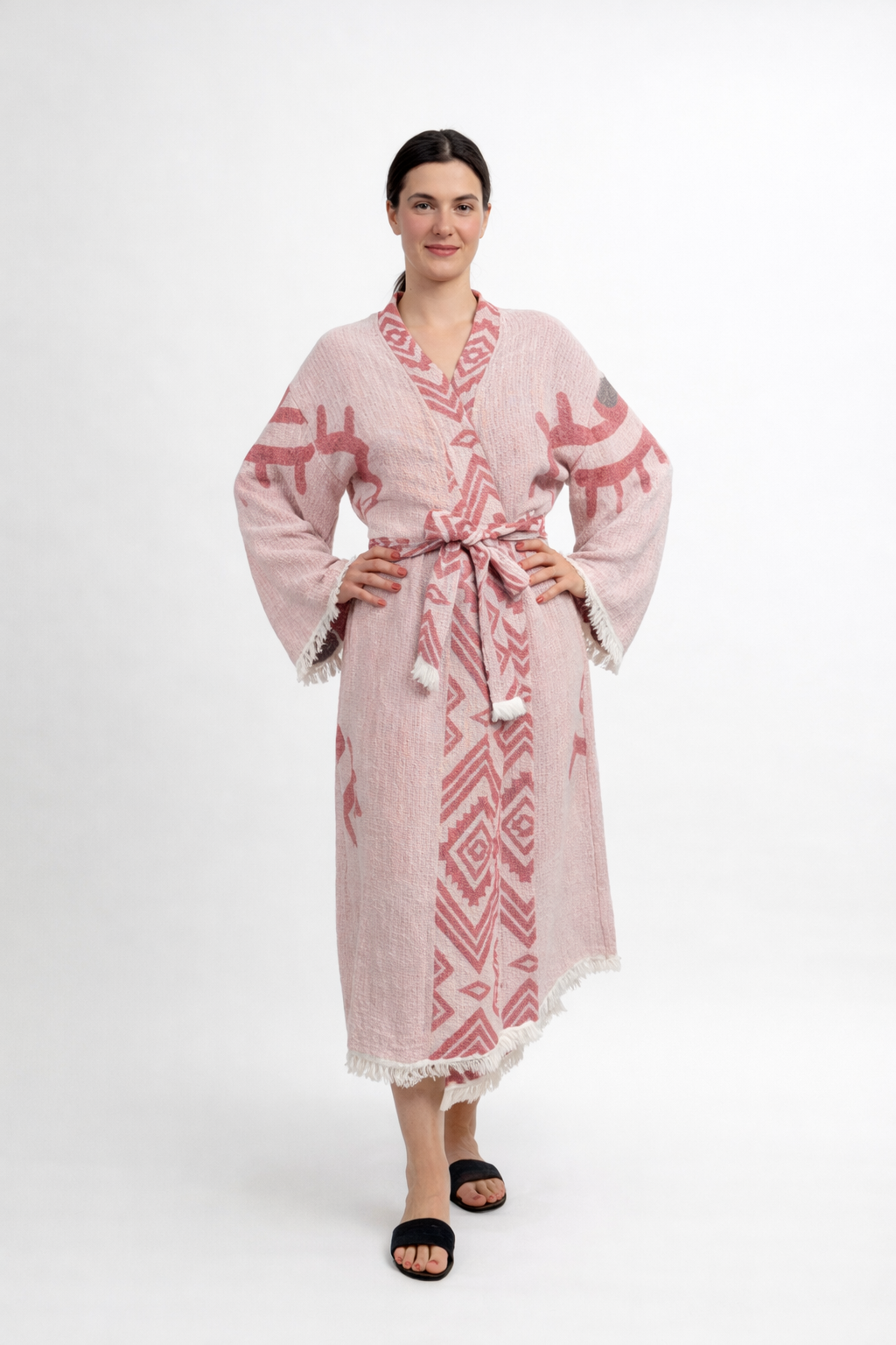 Somon - Siyah Göz Desenli Kimono Yaka Müslin Bornoz & Sabahlık | Ev & Plaj