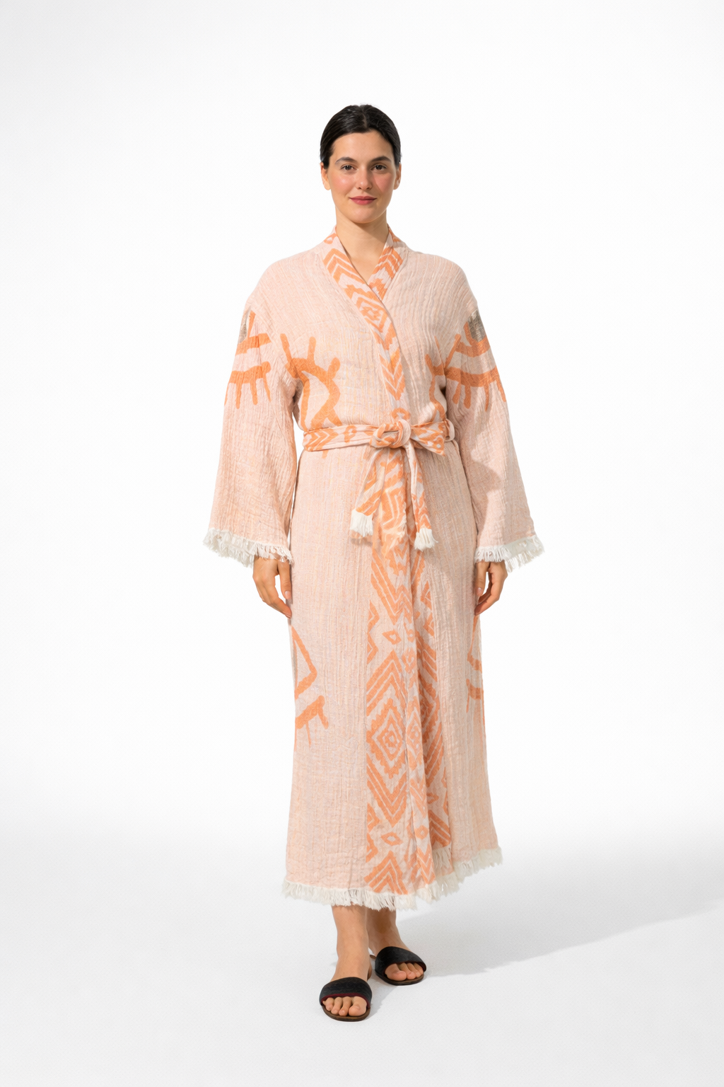 Turuncu - Siyah Göz Desenli Kimono Yaka Müslin Bornoz & Sabahlık | Ev & Plaj