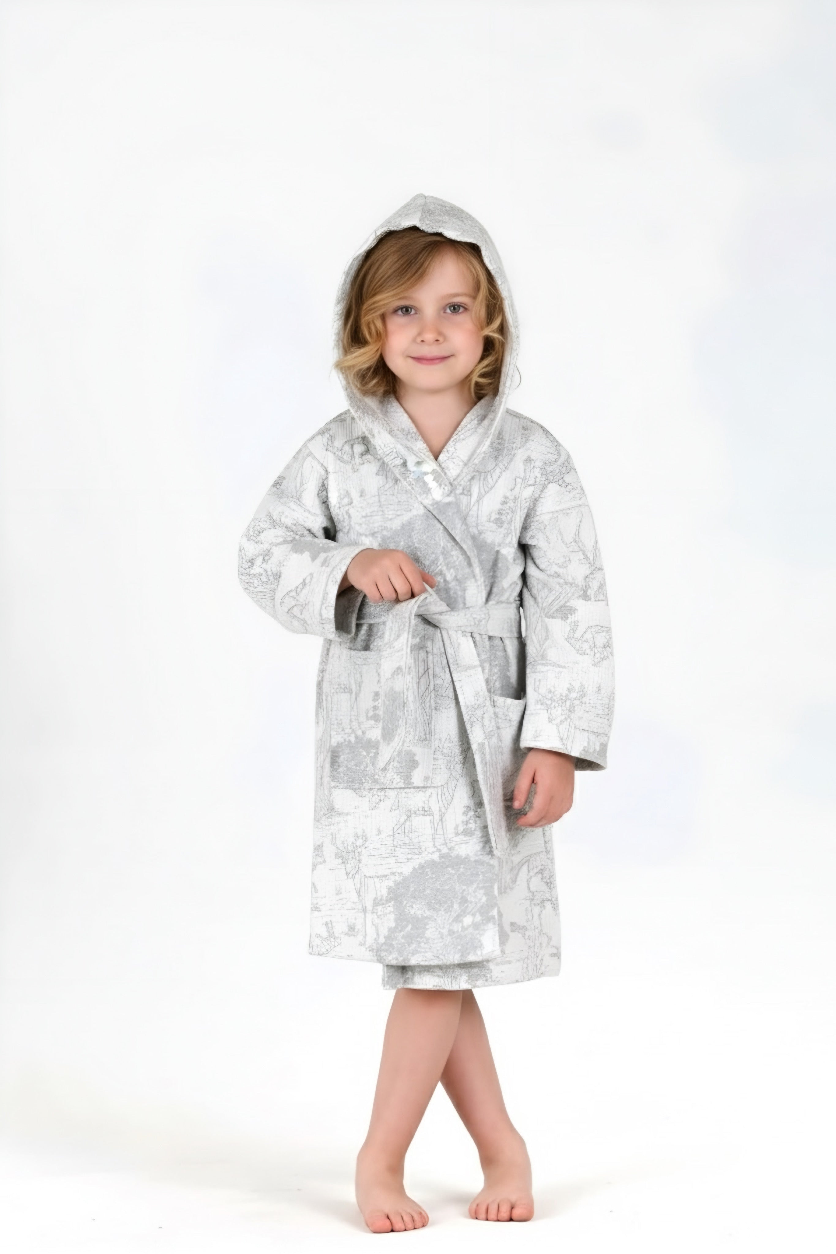 Desenli Müslin Kapüşonlu Çocuk Bornoz