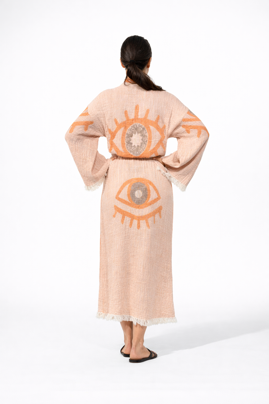Turuncu - Siyah Göz Desenli Kimono Yaka Müslin Bornoz & Sabahlık | Ev & Plaj
