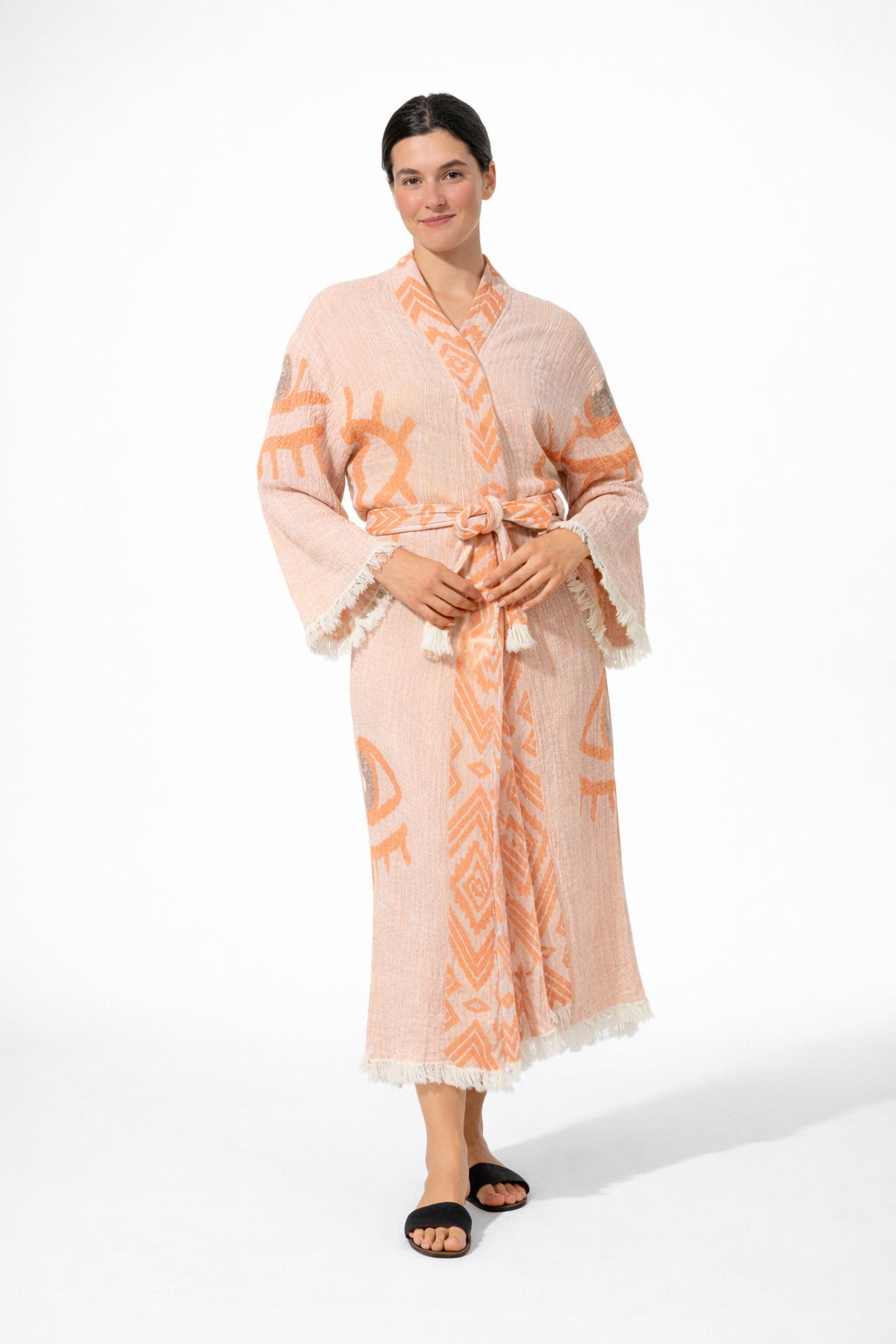 Turuncu - Siyah Göz Desenli Kimono Yaka Müslin Bornoz & Sabahlık | Ev & Plaj