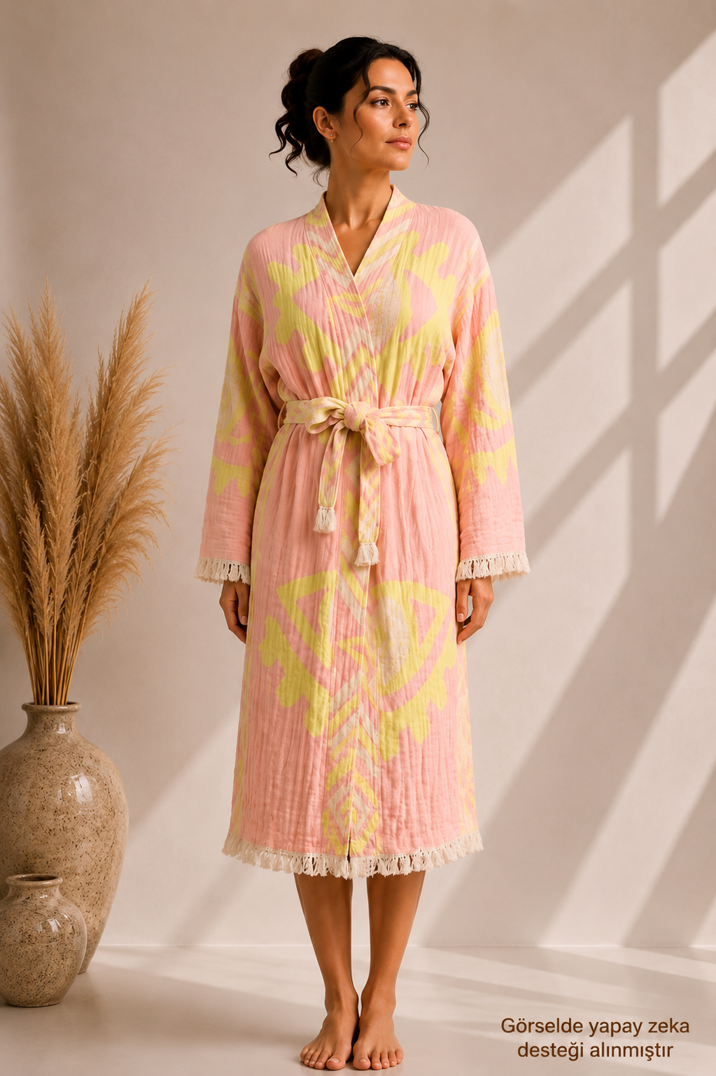Pudra Pembe & Sarı Göz Desenli Kimono Yaka Müslin Bornoz & Sabahlık | Ev & Plaj