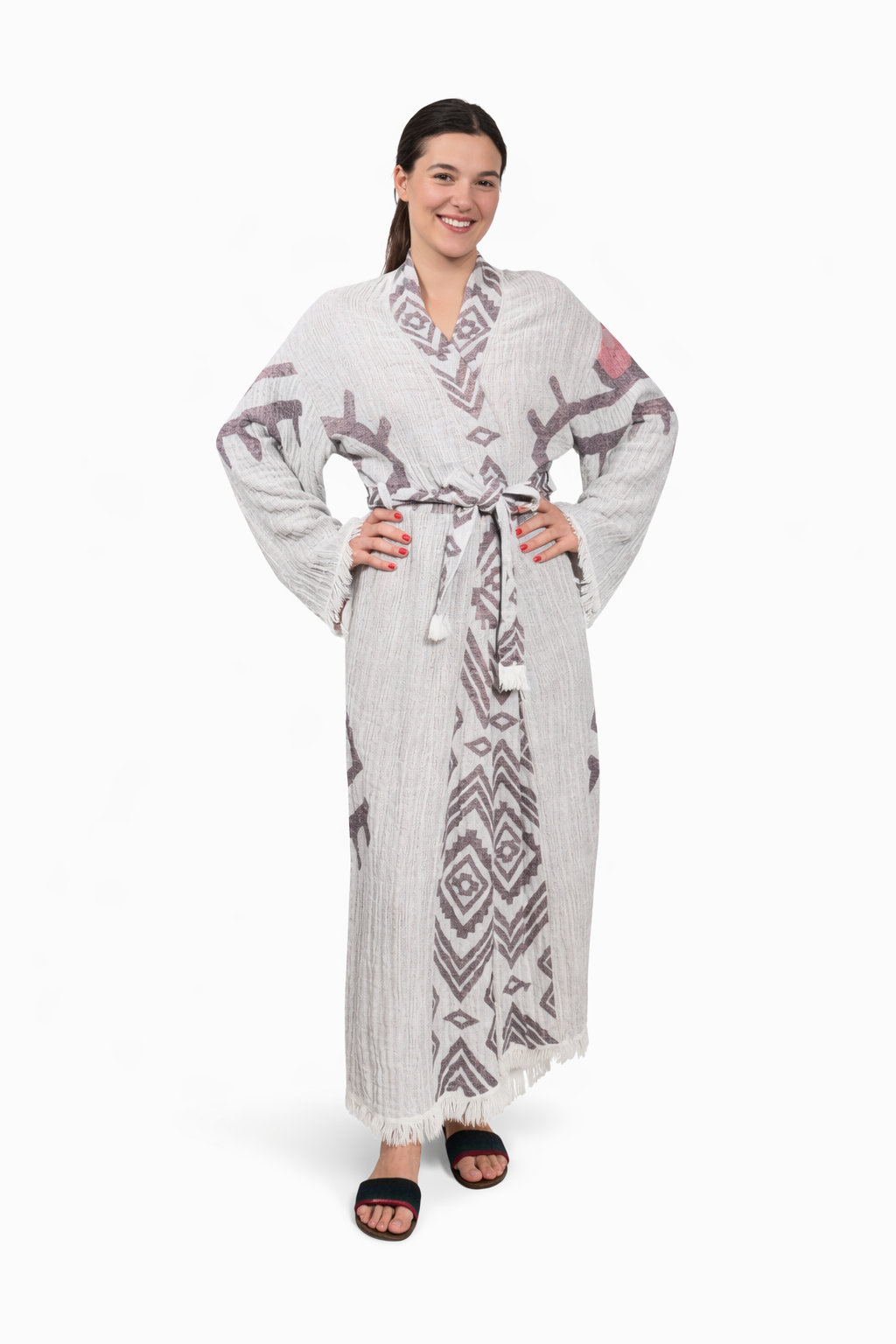 Nar Çiçeği Göz Desenli Kimono Yaka Müslin Bornoz & Sabahlık | Ev & Plaj
