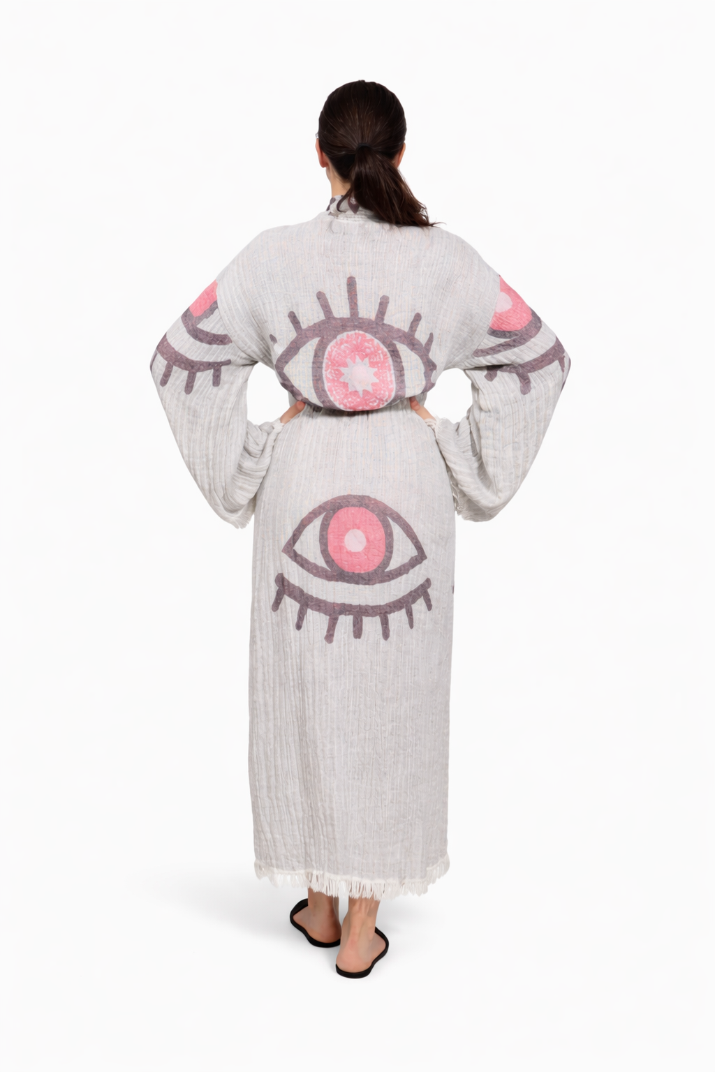 Nar Çiçeği Göz Desenli Kimono Yaka Müslin Bornoz & Sabahlık | Ev & Plaj