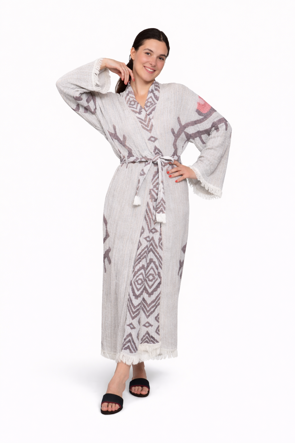 Nar Çiçeği Göz Desenli Kimono Yaka Müslin Bornoz & Sabahlık | Ev & Plaj