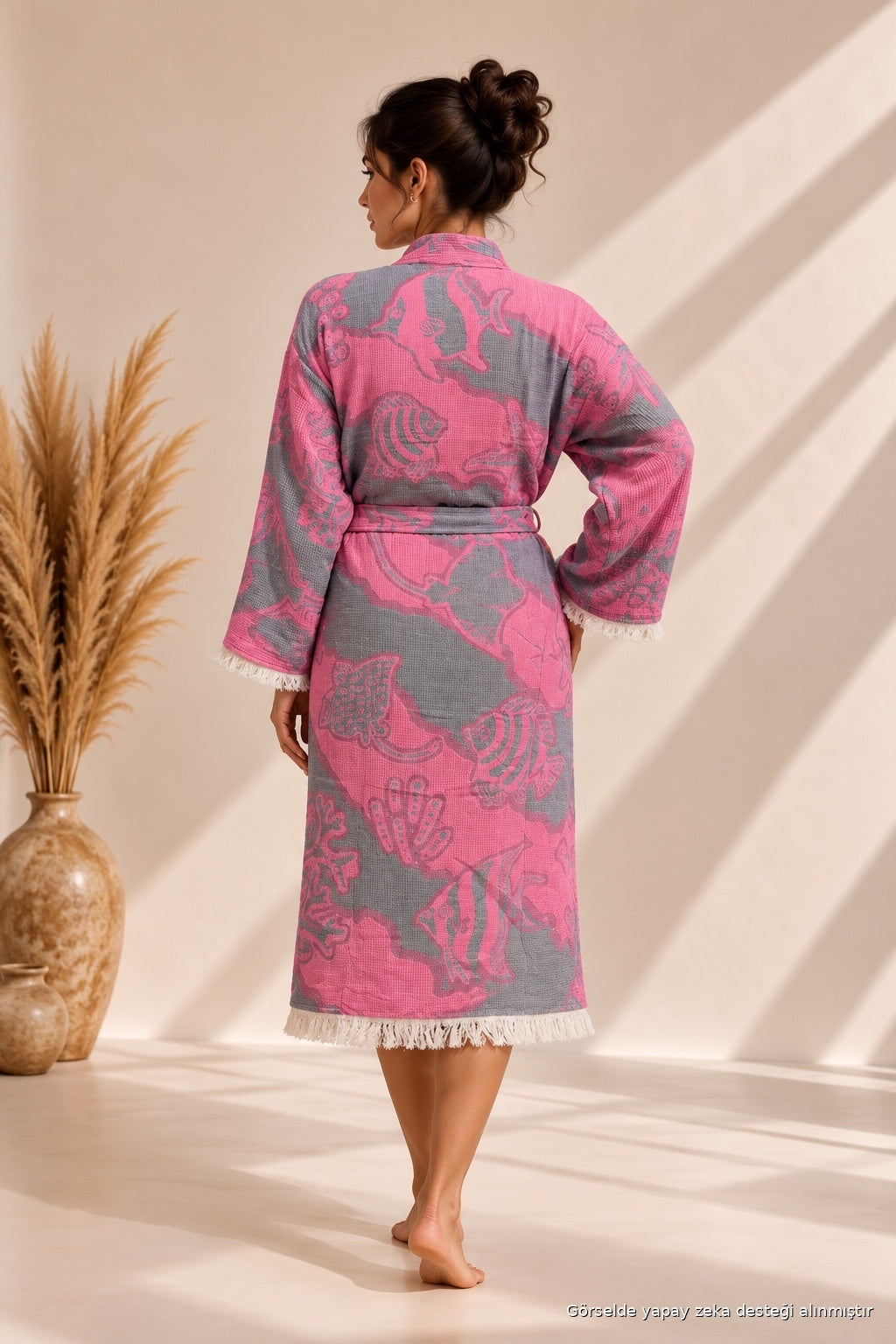 Pembe & Gri Deniz Temalı Kimono Yaka Müslin Bornoz & Sabahlık | Ev & Plaj