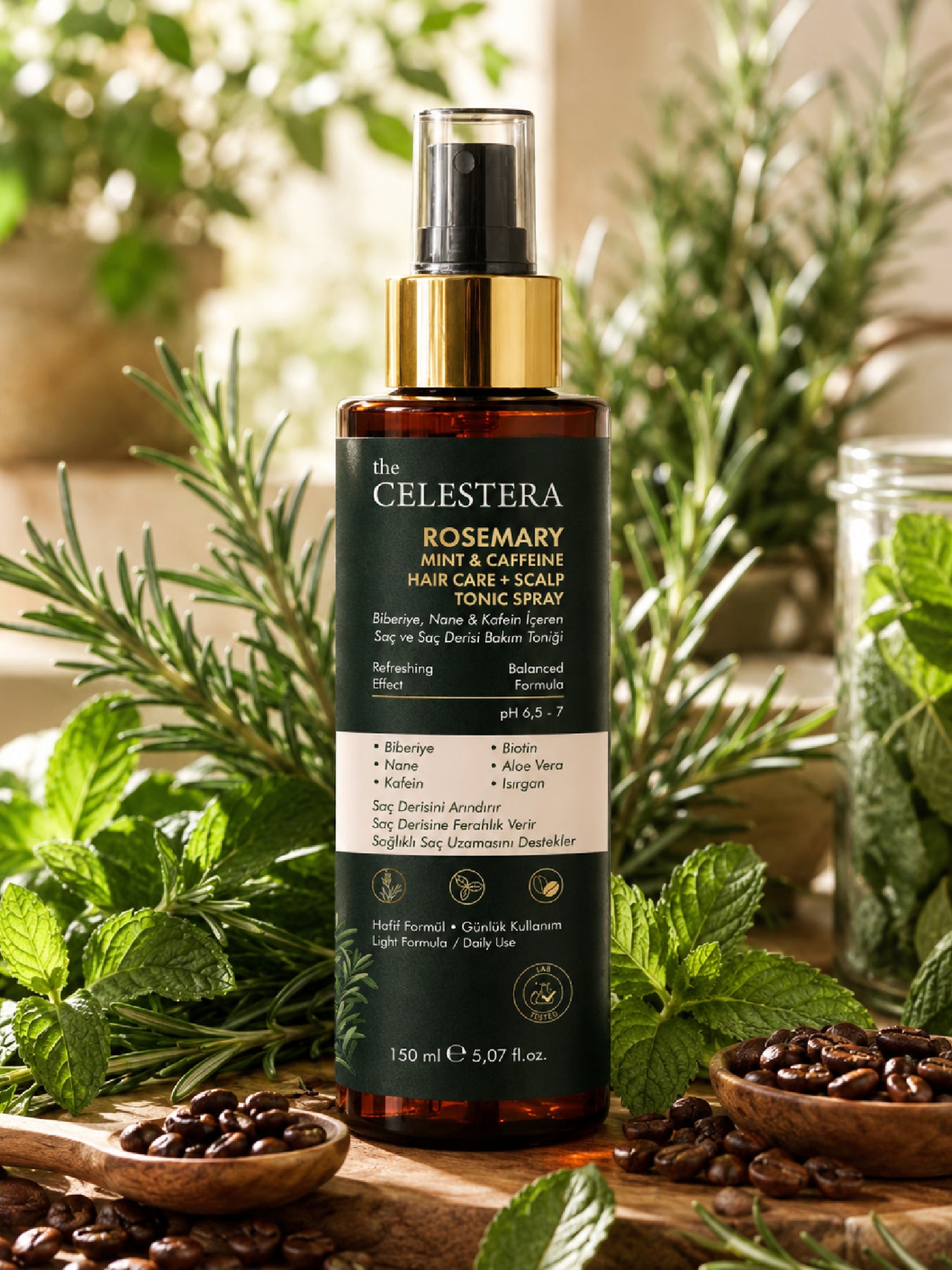 The Celestera Biberiye Nane &amp; Kafein İçeren Saç ve Saç Derisi Bakım Toniği 150 ml