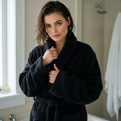 Unisex Kadife Havlu Bornoz - Siyah