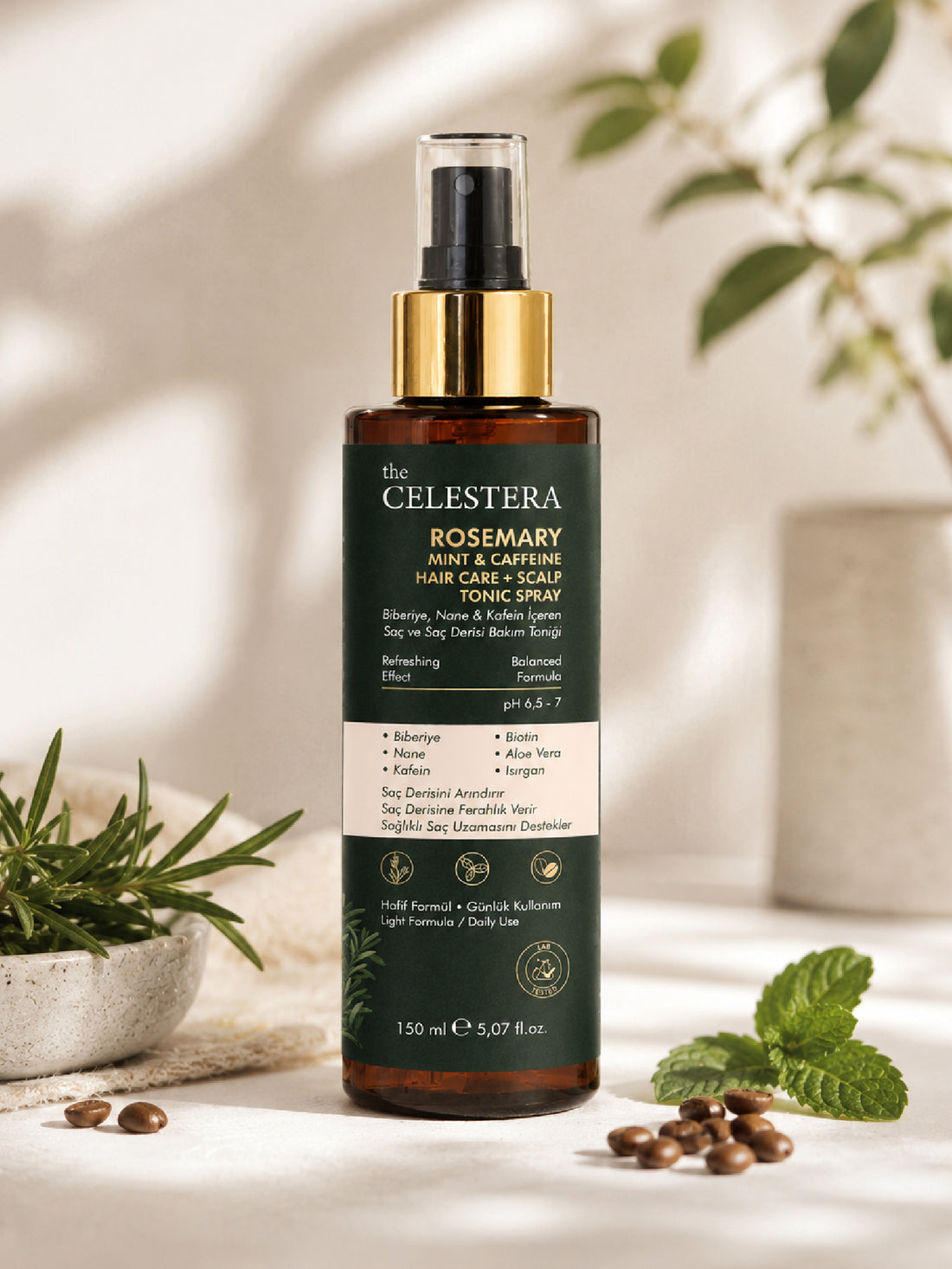 The Celestera Biberiye Nane &amp; Kafein İçeren Saç ve Saç Derisi Bakım Toniği 150 ml