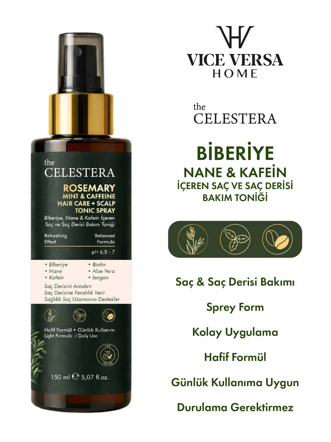 The Celestera Biberiye Nane &amp; Kafein İçeren Saç ve Saç Derisi Bakım Toniği 150 ml