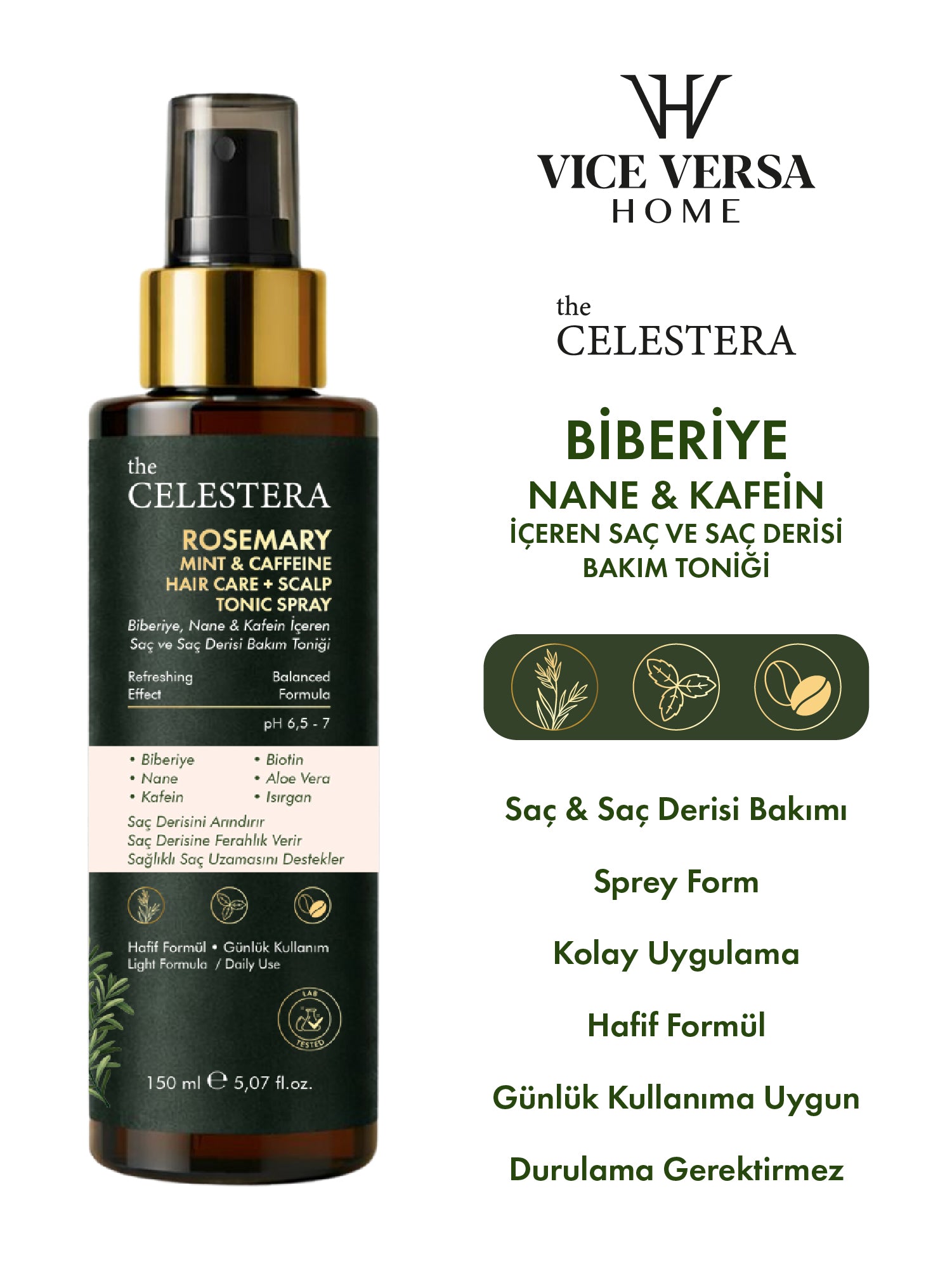 The Celestera Biberiye Nane &amp; Kafein İçeren Saç ve Saç Derisi Bakım Toniği 150 ml