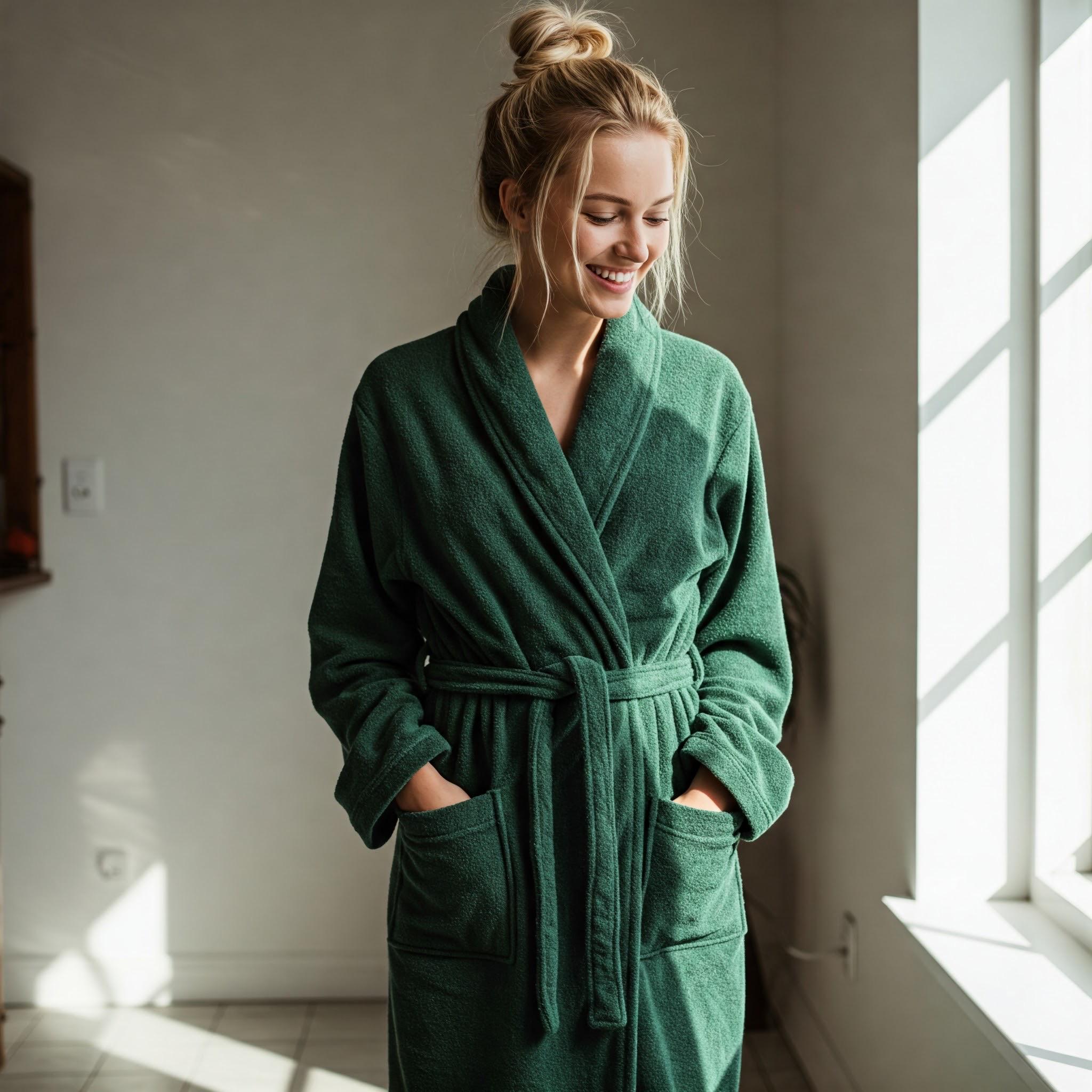 Unisex Kadife Havlu Bornoz - Koyu Yeşil