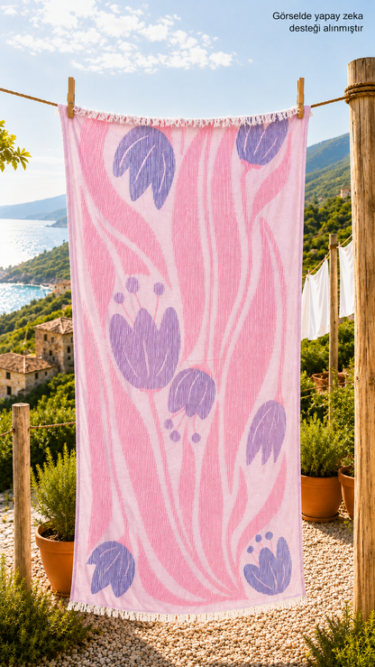 Lale Desenli Jakarlı Müslin Peştemal - Pembe &amp; Eflatun