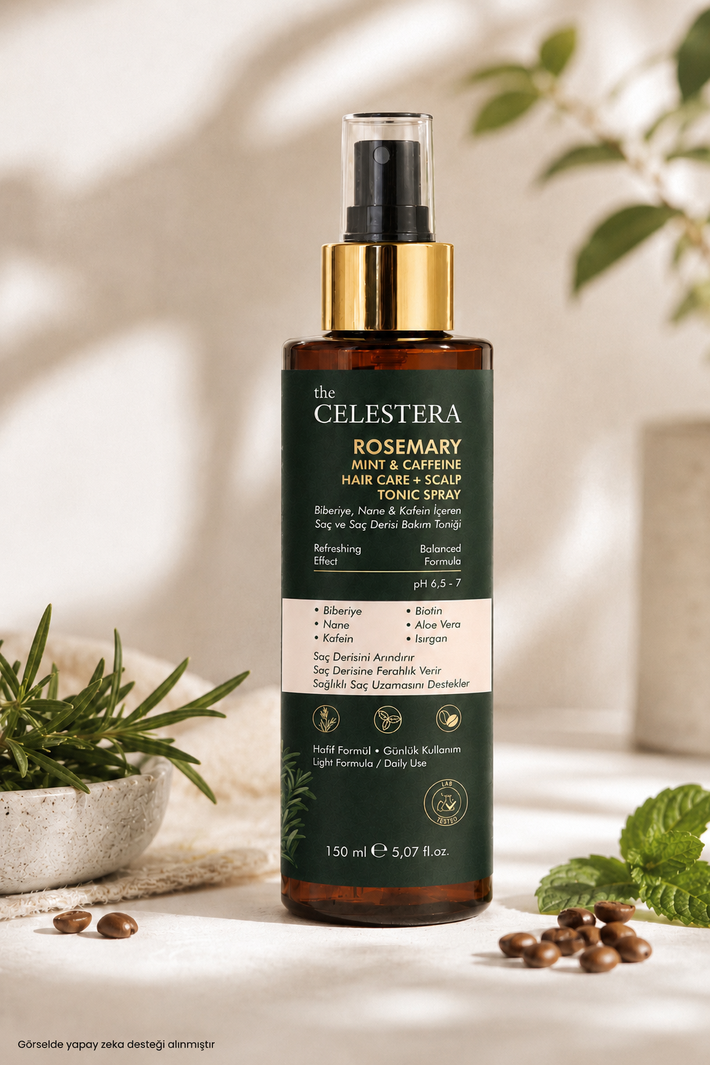 The Celestera Biberiye Nane &amp; Kafein İçeren Saç ve Saç Derisi Bakım Toniği 150 ml