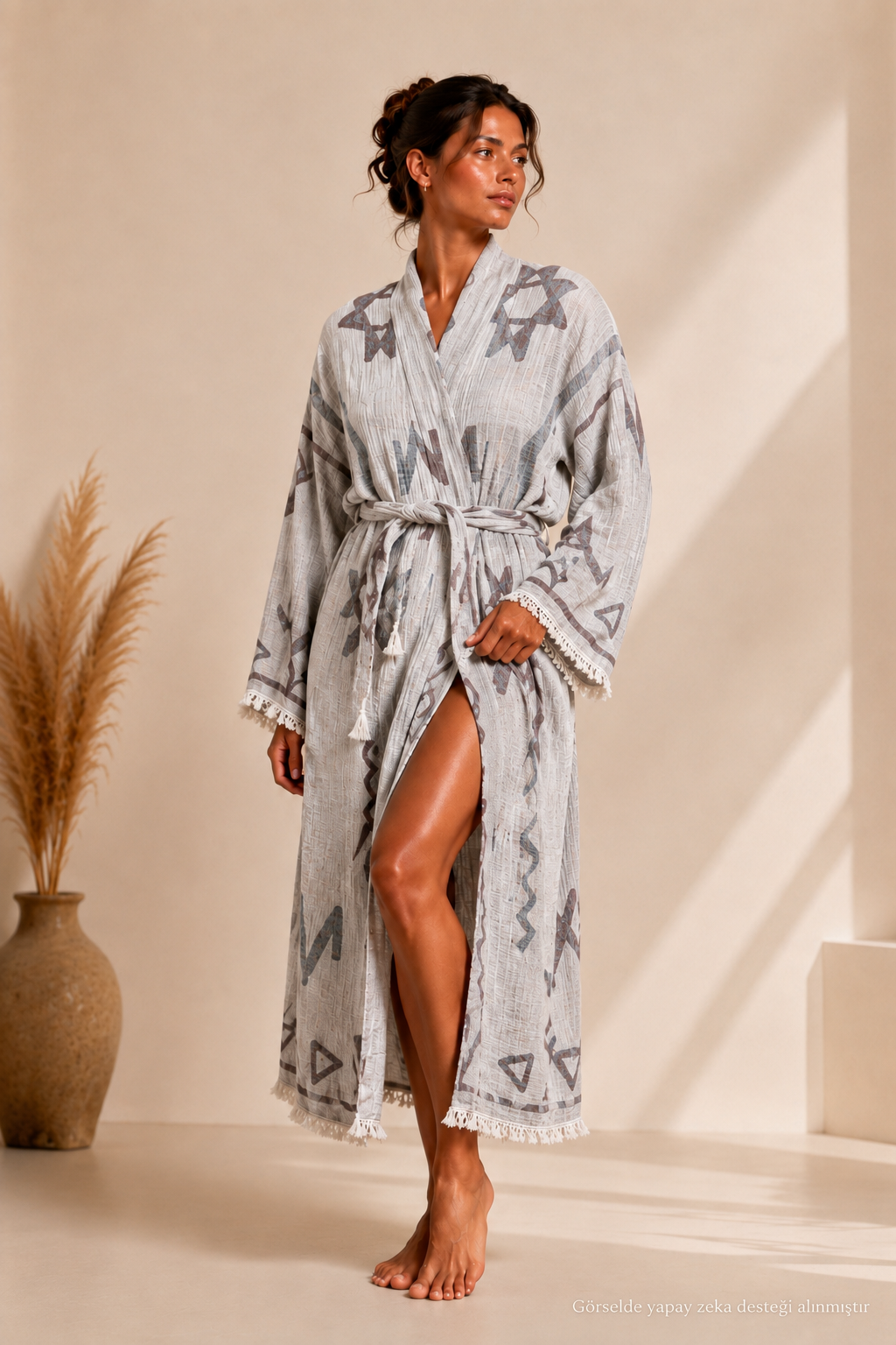 Geometrik Etnik Desenli Kimono Yaka Müslin Bornoz &amp; Sabahlık | Ev &amp; Plaj - Gri / Antrasit