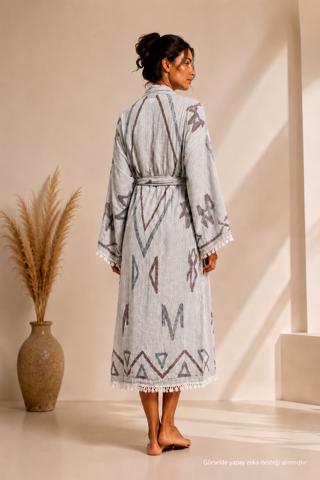 Geometrik Etnik Desenli Kimono Yaka Müslin Bornoz &amp; Sabahlık | Ev &amp; Plaj - Gri / Antrasit