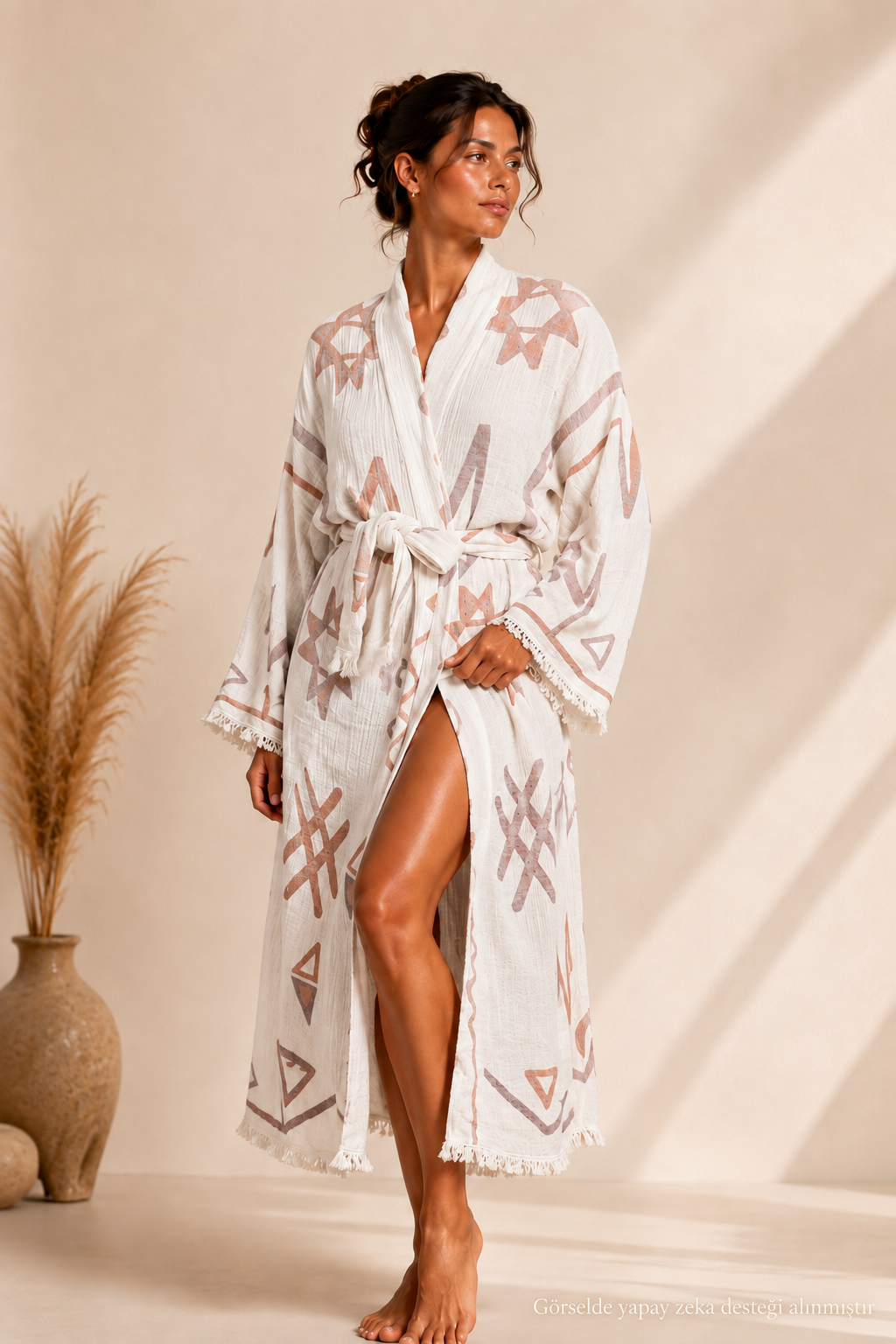Geometrik Etnik Desenli Kimono Yaka Müslin Bornoz &amp; Sabahlık | Ev &amp; Plaj - Ekru