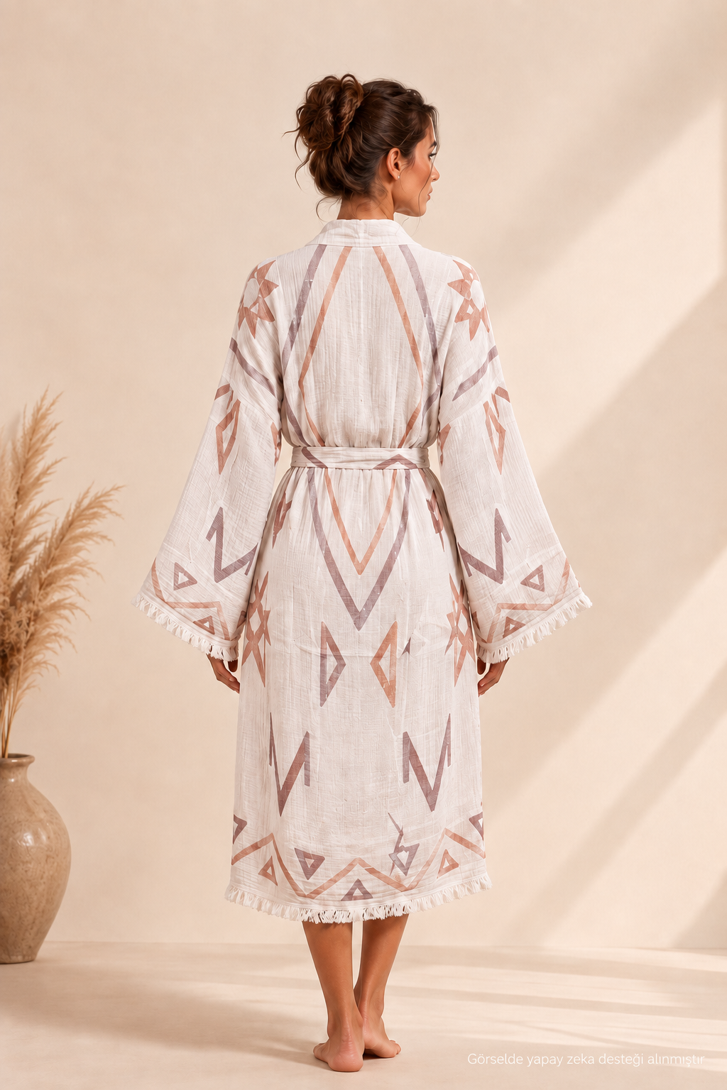 Geometrik Etnik Desenli Kimono Yaka Müslin Bornoz &amp; Sabahlık | Ev &amp; Plaj - Ekru