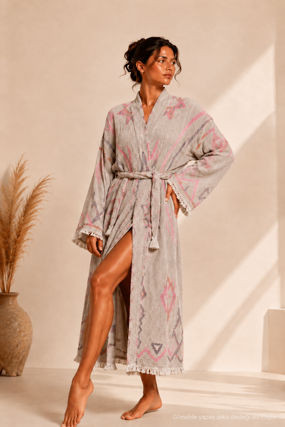Etnik Desenli Kimono Yaka Müslin Bornoz &amp; Sabahlık | Ev &amp; Plaj