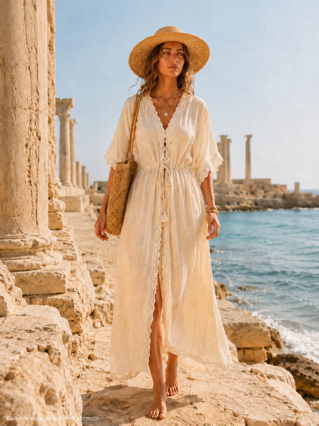 Dantel İşlemeli Müslin Kimono