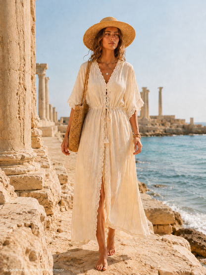 Dantel İşlemeli Müslin Kimono