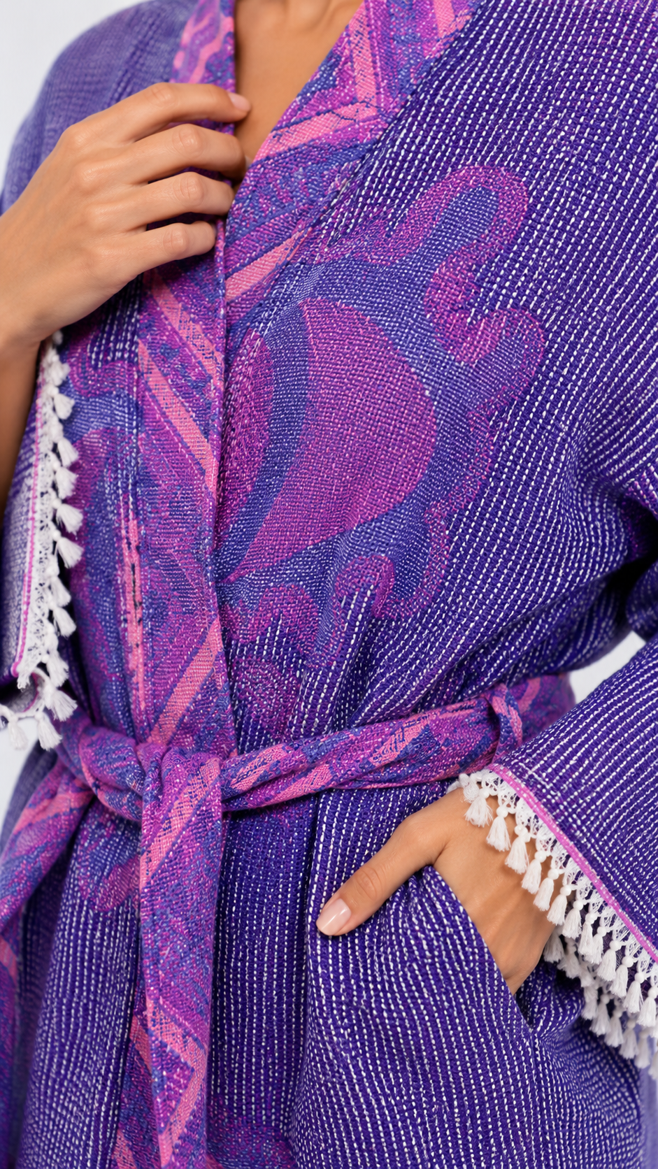 Mor - Pembe Göz Desenli Kimono Yaka Müslin Bornoz &amp; Sabahlık | Ev &amp; Plaj