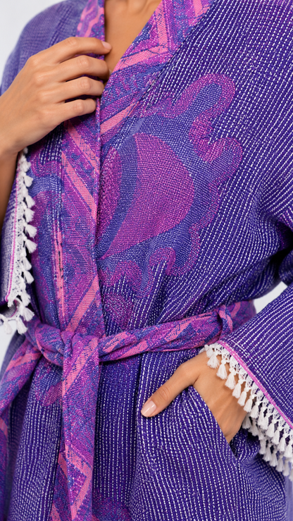 Mor - Pembe Göz Desenli Kimono Yaka Müslin Bornoz &amp; Sabahlık | Ev &amp; Plaj