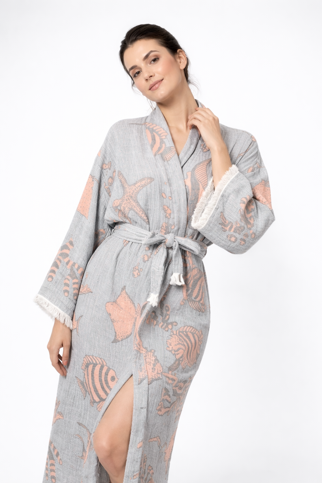 Balık Desenli Kimono Yaka Müslin Bornoz &amp; Sabahlık | Ev &amp; Plaj