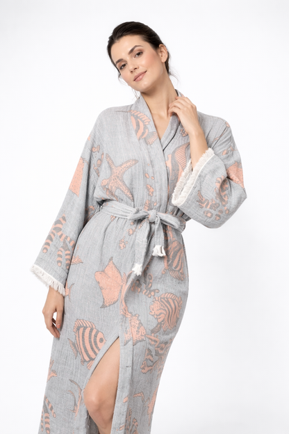 Balık Desenli Kimono Yaka Müslin Bornoz &amp; Sabahlık | Ev &amp; Plaj
