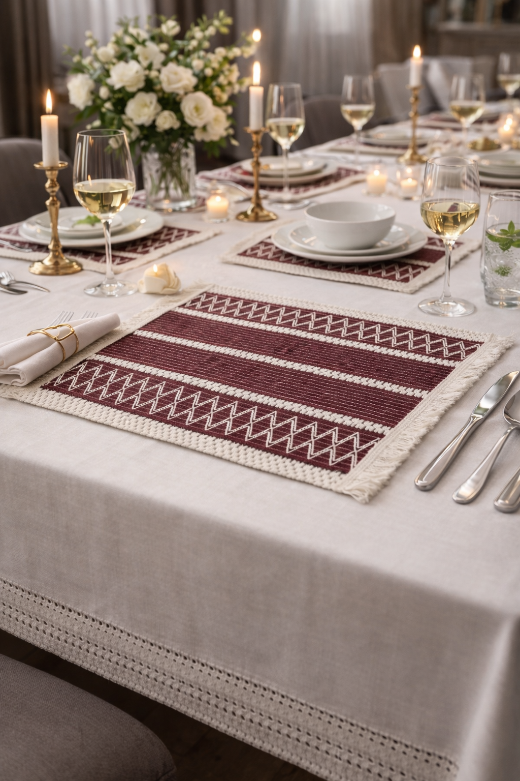 Natura Kırmızı İşlemeli Amerikan Servis - 4 Adet