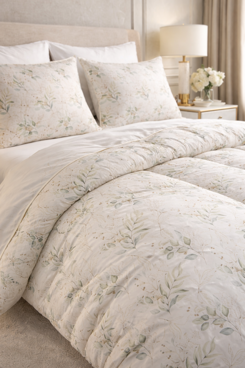 Zeytindalı Çiçek Desenli 300 TC Premium %100 Pamuk Saten Nevresim Takımı