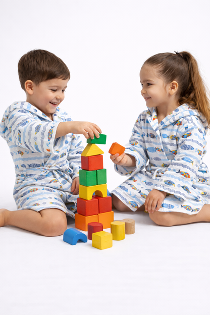 Marine Desenli Müslin Kapüşonlu Çocuk Bornoz