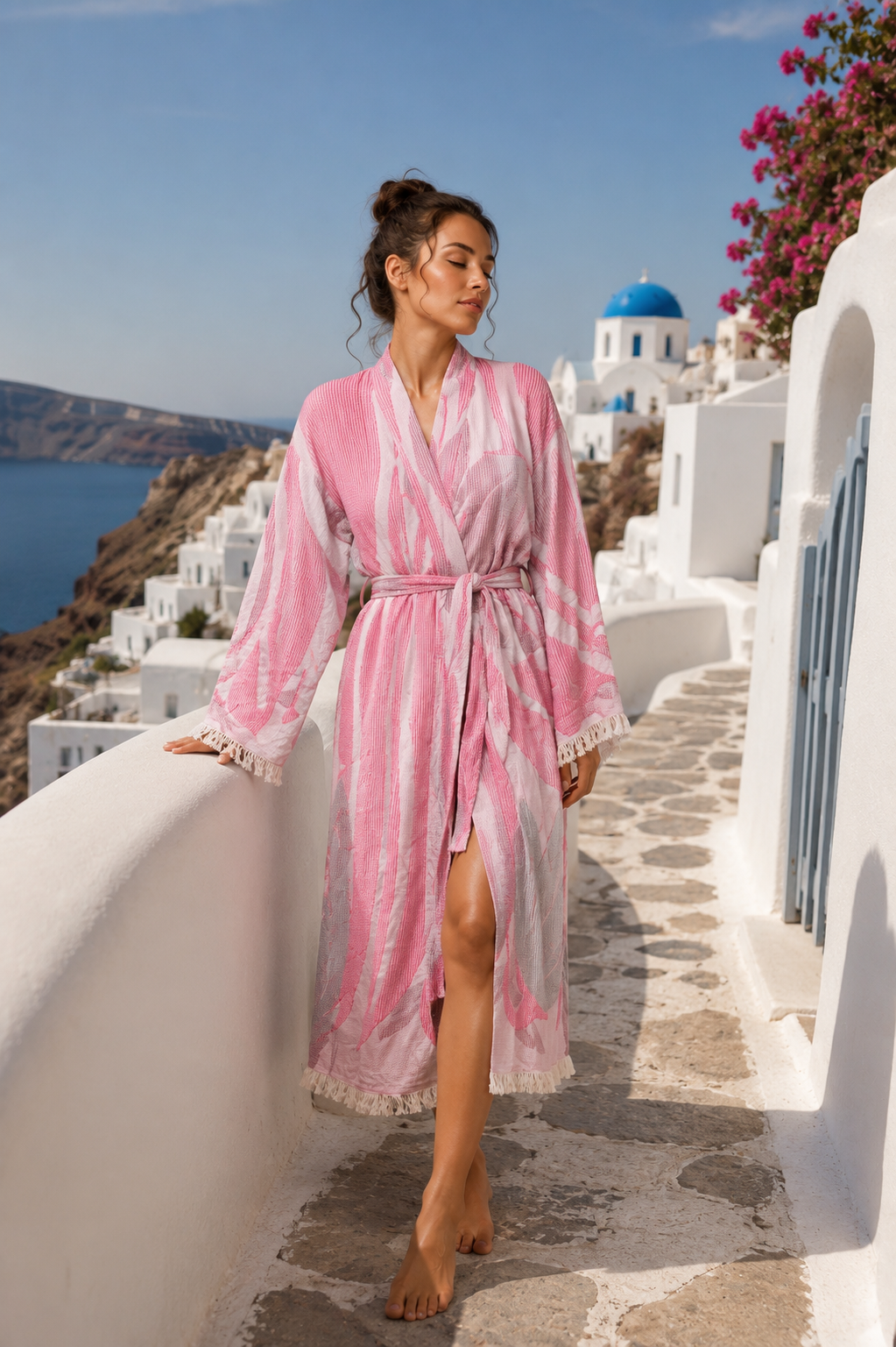 Pembe Lale Desenli Kimono Yaka Müslin Bornoz &amp; Sabahlık | Ev &amp; Plaj