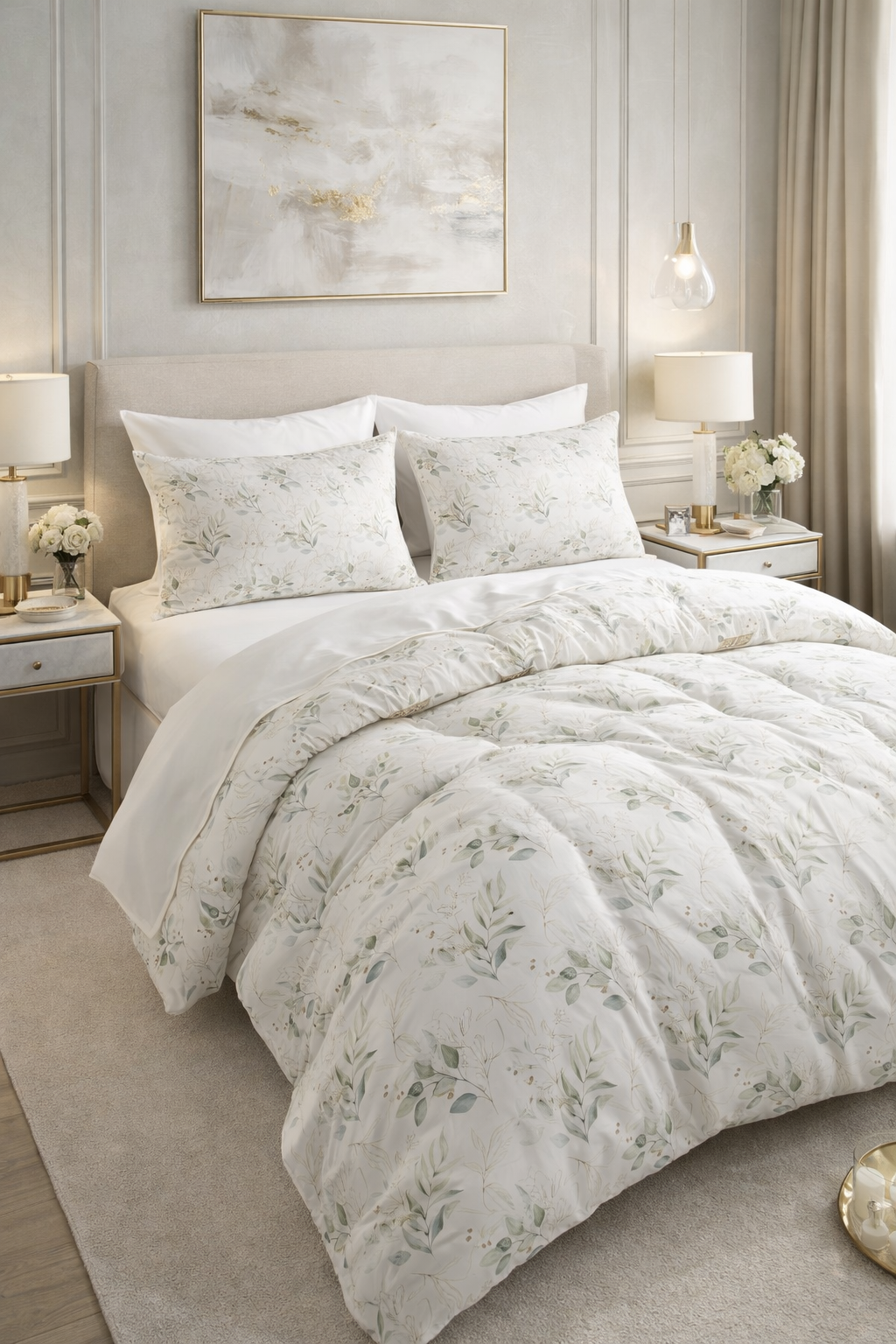 Zeytindalı Çiçek Desenli 300 TC Premium %100 Pamuk Saten Nevresim Takımı