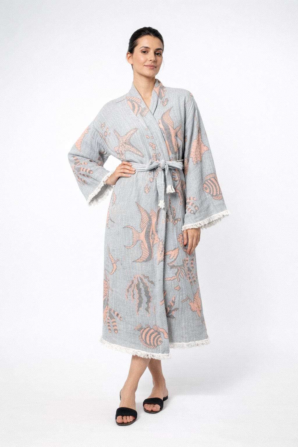Balık Desenli Kimono Yaka Müslin Bornoz &amp; Sabahlık | Ev &amp; Plaj