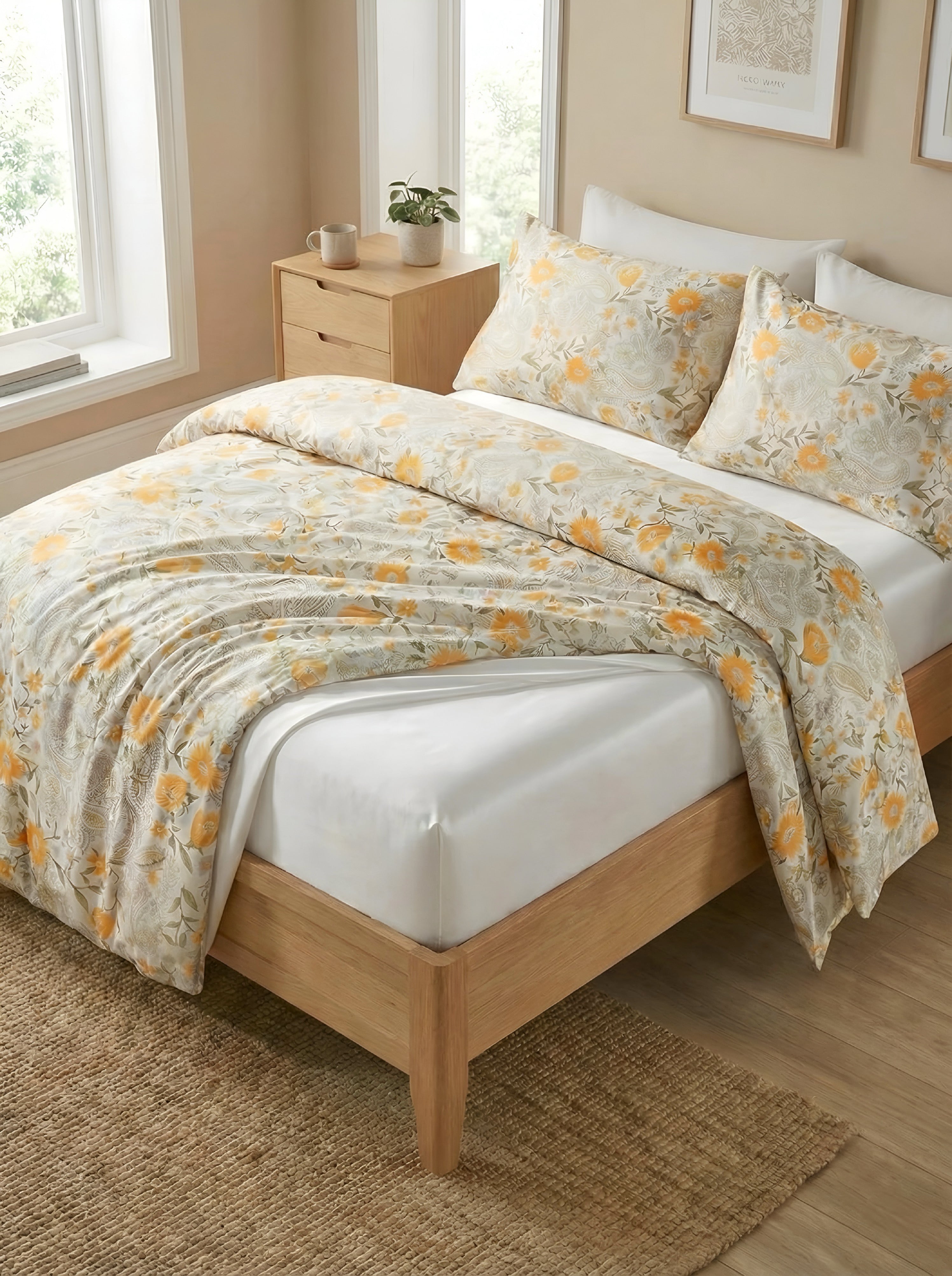 Sonbahar Çiçek Desenli 300 TC Premium %100 Pamuk Saten Nevresim Takımı