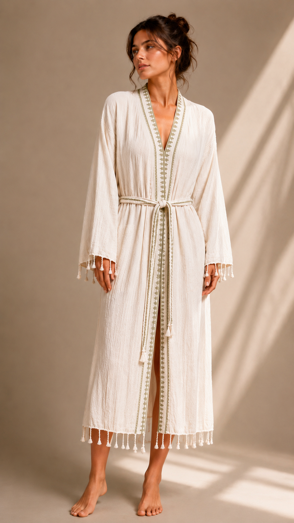 %100 Doğal Keten, Etnik Nakışlı Bohem Kimono Bornoz ve Sabahlık - Adaçayı Yeşil