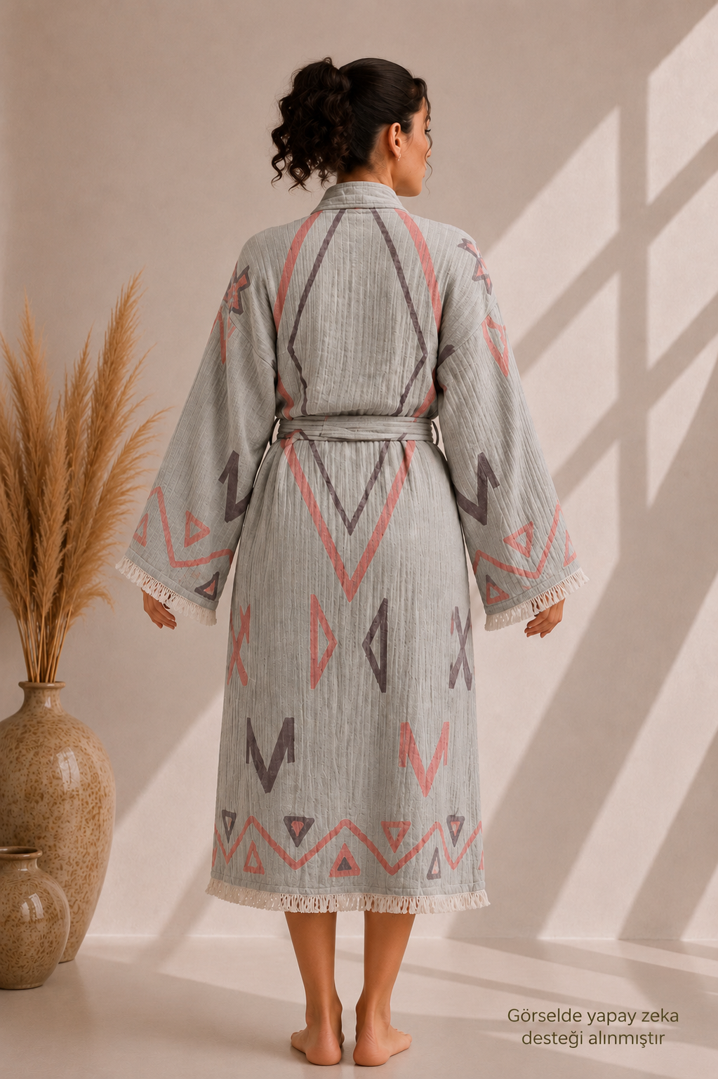 Gri &amp; Gül Kurusu Geometrik Desenli Kimono Yaka Müslin Bornoz &amp; Sabahlık | Ev &amp; Plaj