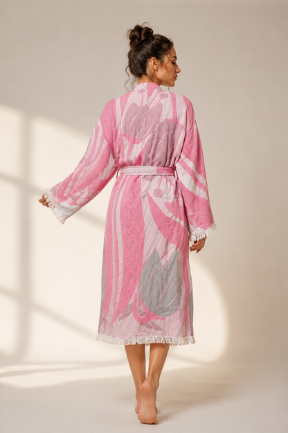 Pembe Lale Desenli Kimono Yaka Müslin Bornoz &amp; Sabahlık | Ev &amp; Plaj