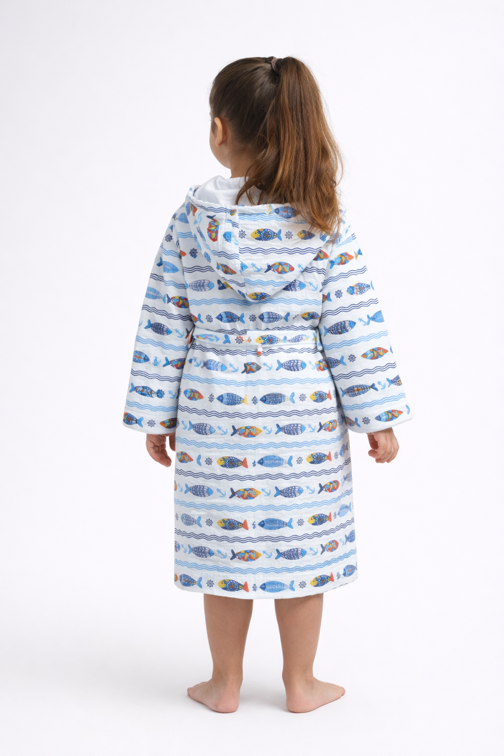 Marine Desenli Müslin Kapüşonlu Çocuk Bornoz