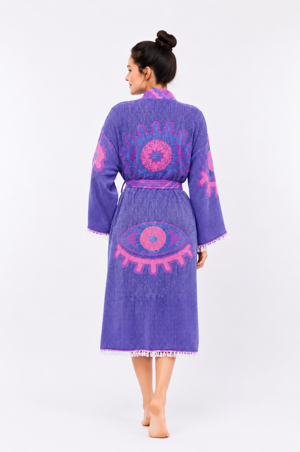 Mor - Pembe Göz Desenli Kimono Yaka Müslin Bornoz &amp; Sabahlık | Ev &amp; Plaj
