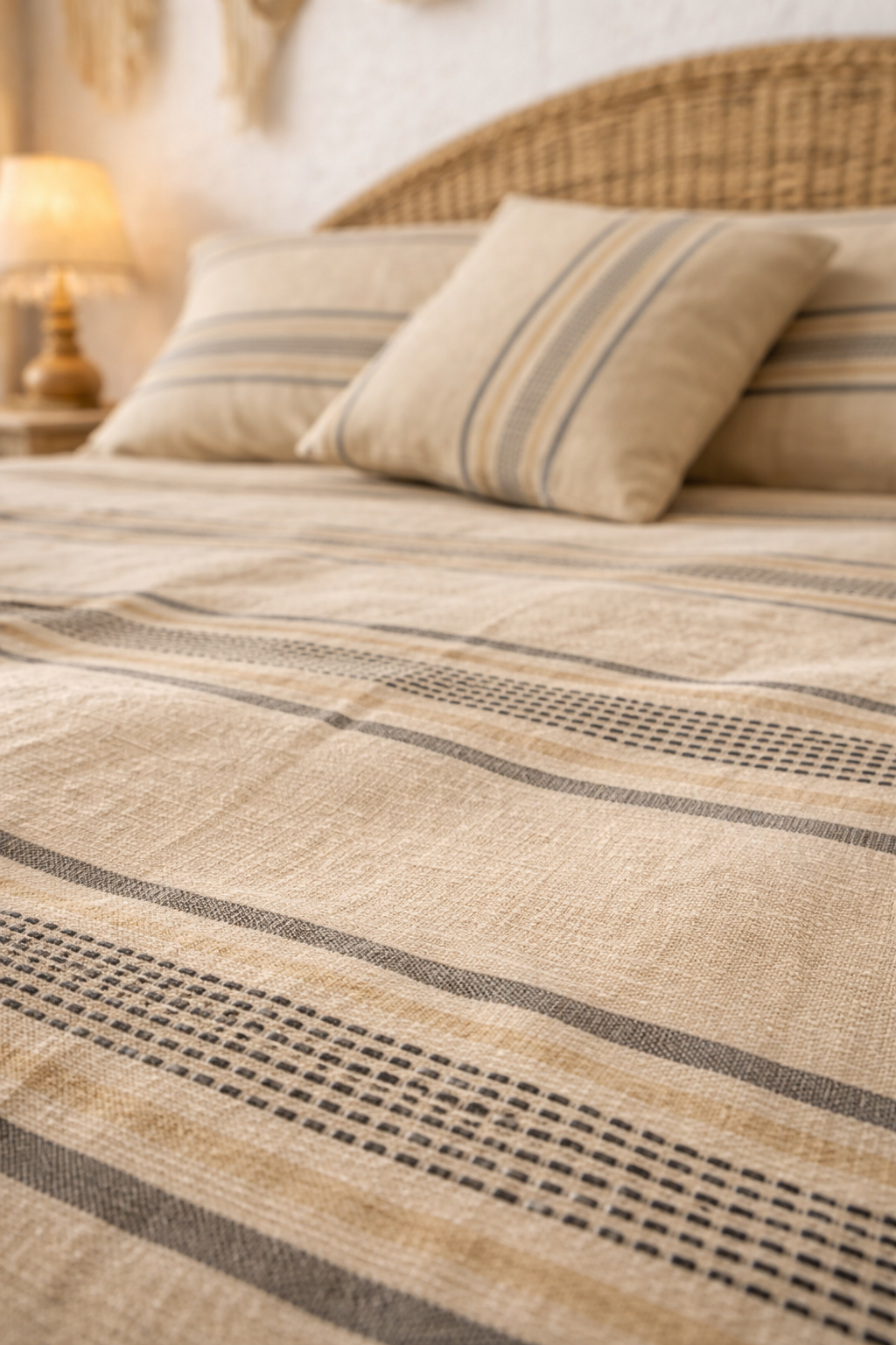 Bohem Çizgili Keten Yatak Örtüsü - Pike Takımı