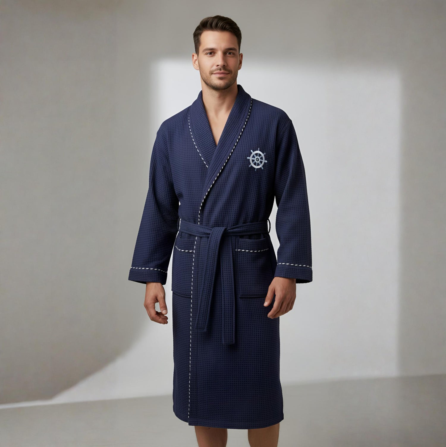 Waffle Petek Dokulu Marin Erkek Bornoz